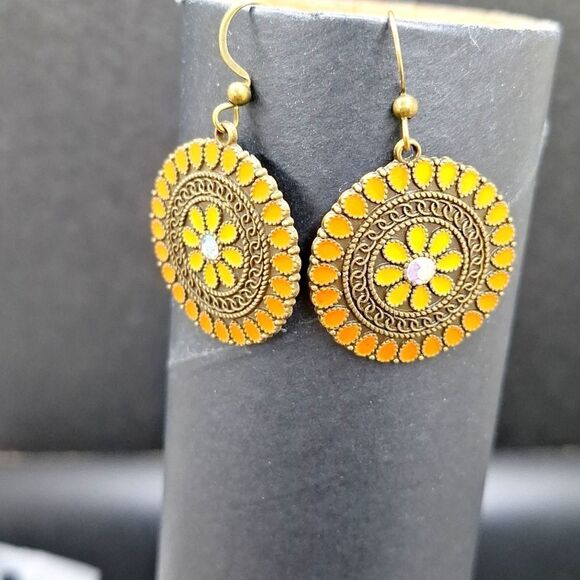 BRONZE orange iridescent round bohemian mandala earrings - Picture 3 of 5